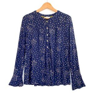 Boden Nadine Popover Blouse Womens 4 Navy Gold Confetti Dot Modal Flounce Cuff